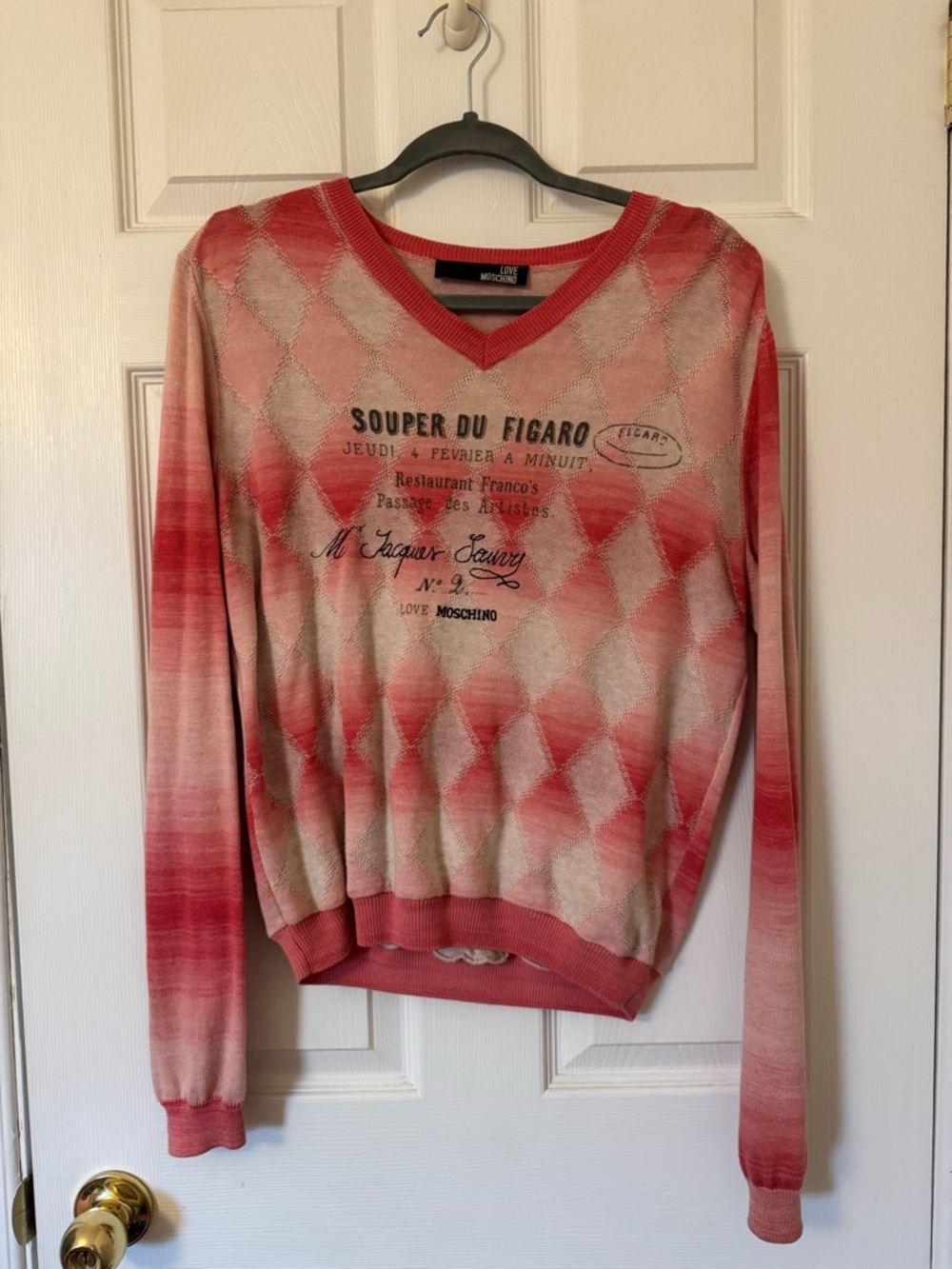Love Moschino Pink and Beige Argyle V-Neck Sweater